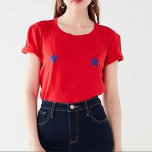 Red t-shirt with blue stars.
